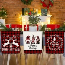 6PCS Christmas Red And Black Buffalo Plaid Gnome, Christmas Tree, Snowman, And Reindeer Truck Chair Cover, Made Of Double-Sided Linen Polyester, Removable And Easy To Clean, Suitable As A Christmas Table Chair Decoration And Protector For Family Gatherings