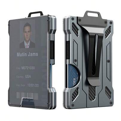 Gray Aluminum Card Wallet - Transparent ID Badge Window, RFID Blocking Design, Slim Credit Card Holder For Daily Use