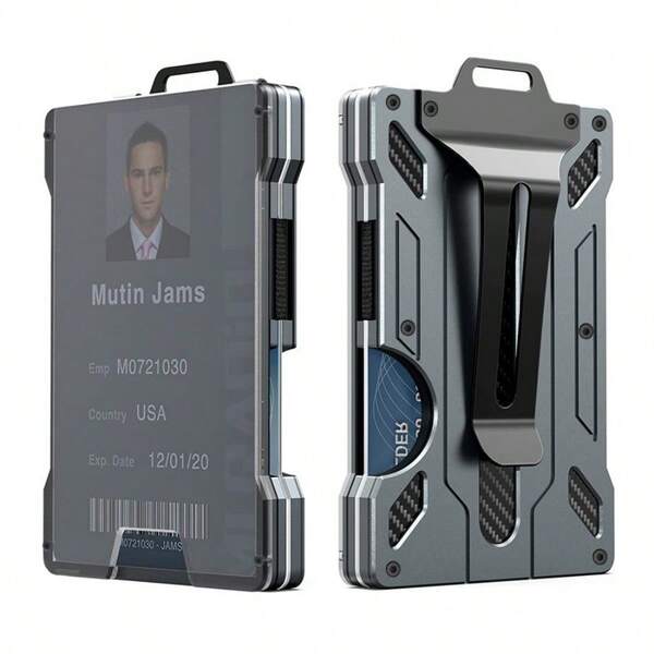 Gray Aluminum Card Wallet - Transparent ID Badge Window, RFID Blocking Design, Slim Credit Card Holder For Daily Use