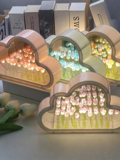 1pc 4-Color DIY Tulip LED Night Light With Mirror, Pink/Purple/Blue Options, Cloud Design, LED Desk Lamp With Mirror Lighting, Modern Floral & Starry Ocean Atmosphere Light, Home Decor Lighting, Perfect Gift For Christmas, Valentine's Day & Birthday