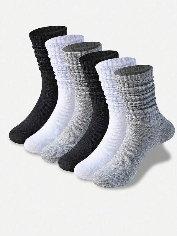 3/6 pares de calcetines hasta la rodilla sólidos en negro, blanco y gris para adolescentes