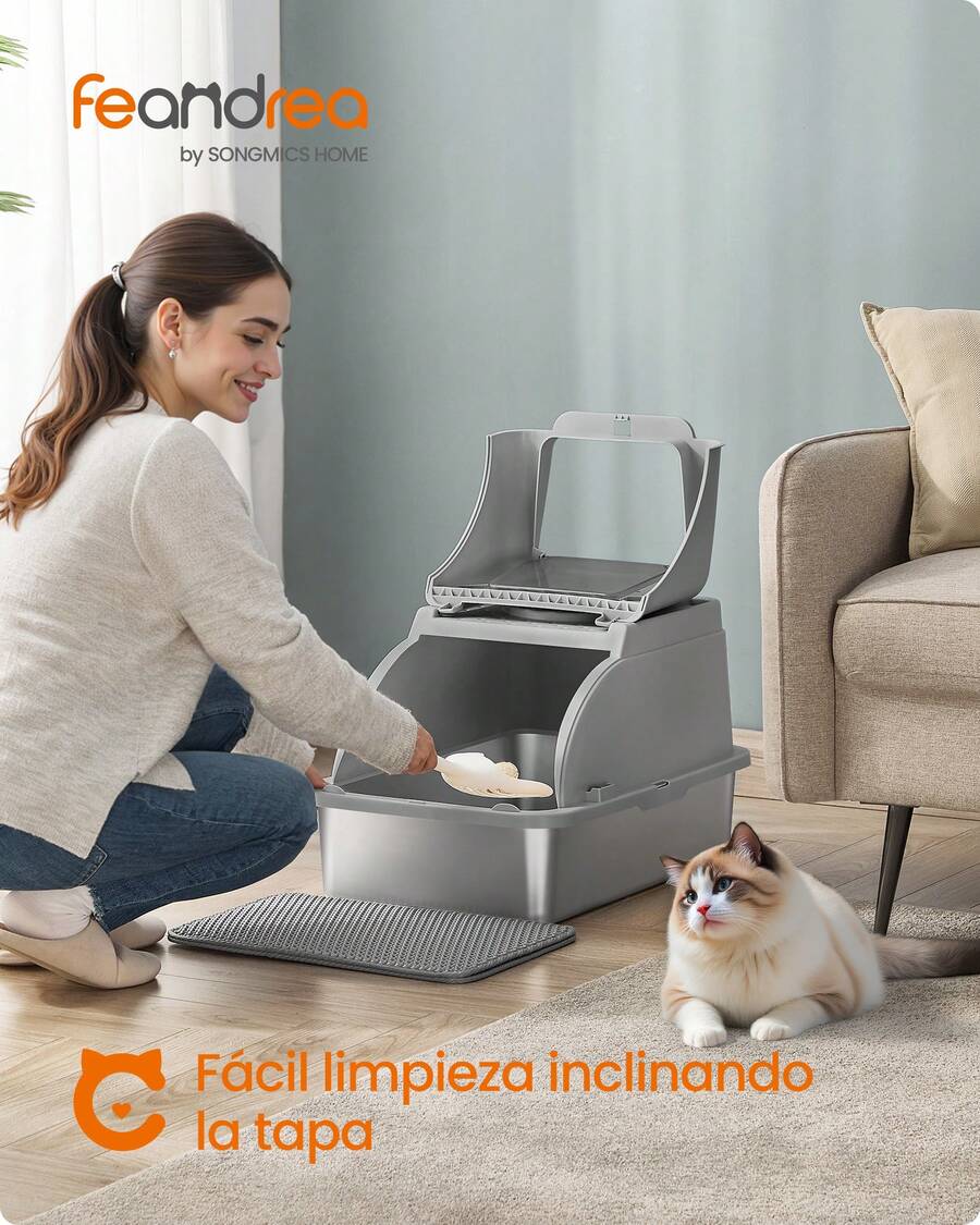 Feandrea Caja de Are*na de Acero Inoxidable para Gatos con Tapa Abatible, Arenero XL, a Prueba de Fugas, Cuchara, Cepillo, Doble Entrada, Carga de Encimera de 15 kg,Gris Paloma - Gris - Ver 1
