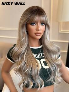 NICKY WALL 银黑色发根长款波浪卷假发，蓬松自然卷发带刘海，时尚合成耐热纤维假发，适合女孩角色扮演、派对、日常佩戴，28英寸 - 銀色 - 查看 5