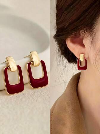1 对时尚百搭勃艮第方形耳环，独特设计复古优雅女士耳环，适合日常佩戴、约会、度假、婚礼、节日、休闲和特殊场合、生日、母亲节、情人节礼物
