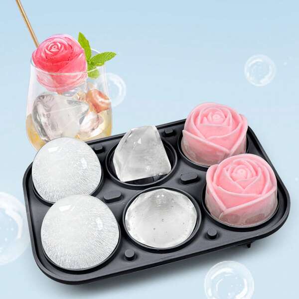 1pc Silicone Ice Ball Mold With Rose & Diamond Patterns, 2 Rose, 2 Diamond, 2 Ice Ball Shapes, Ideal For Cocktails, Beverages And Creative Ice Cubes