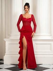 Red Square Neck Evening Dress, Long Sleeve Backless Ruffle Hem Gown, Romantic For Birthday Party, Ball, Suitable For Evening Events, Wedding Guest Dress, Holiday Occasions - Red - View 4