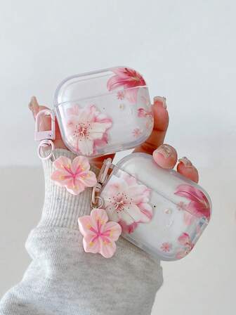 Lily Flower Earphone Case Cherry Blossom & Peach Flower Earphone Case Transparent Earphone Case With 1 Pink Flower Lanyard, Compatible With AirPods Pro (2nd Generation), 3, Pro, 1/2, 4