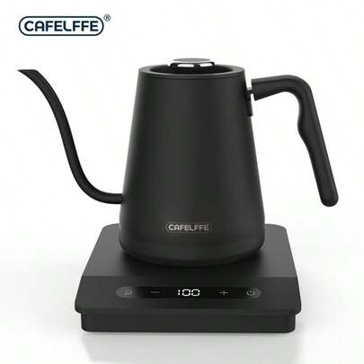 CAFELFFE إبريق كهربائي ذو رقبة متحركة مع إعدادات تحكم في درجة الحرارة، إبريق للقهوة والشاي، غلاية مياه ساخنة، من الفولاذ المقاوم للصدأ الداخلي والقاعدة، 1500 واط/0.8 لتر، أسود مطفي