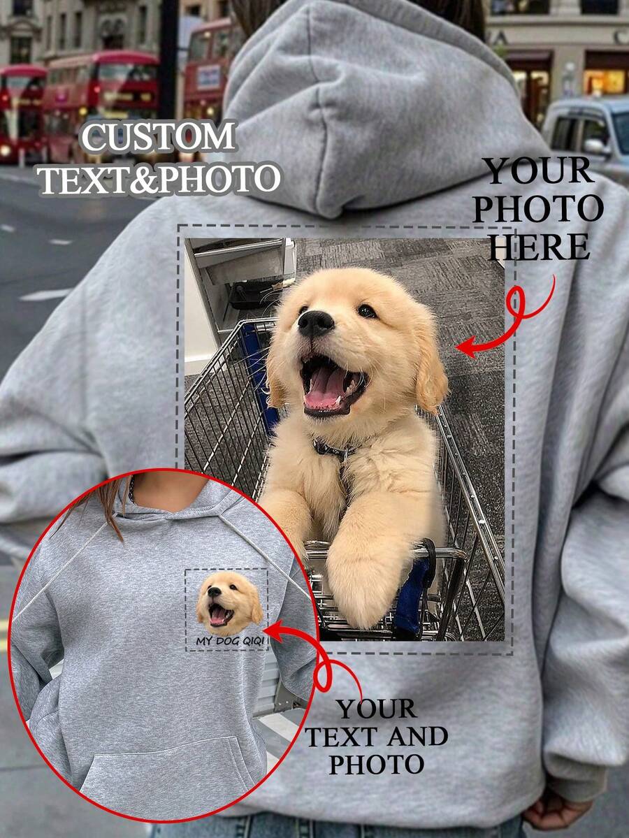 Customized Personalized Gifts, Custom Women's Pocket Hooded Sweatshirts, Add Your Own Text And Photos (Badge Patterns/Family Photos/Selfies/Pets/Couple Photos), Custom Thermal Lined And Thickened Sweatshirts, Design Patterns And Text On The Front, Design Pictures On The Back, Design Your Own Personalized Printed Sweatshirt As A Gift For Your Girlfriend, - Light Grey - View 1