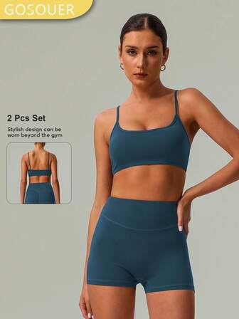 GOSOUER סט 2 חלקים של חזיית ספורט קלאסית ללא גב עם רצועות ספגטי ומכנסי רכיבה קצרים עם מותן גבוה וקו V עמוק ומכנסיים קצרים לנשים, ריצה, כושר ורכיבה על אופניים
