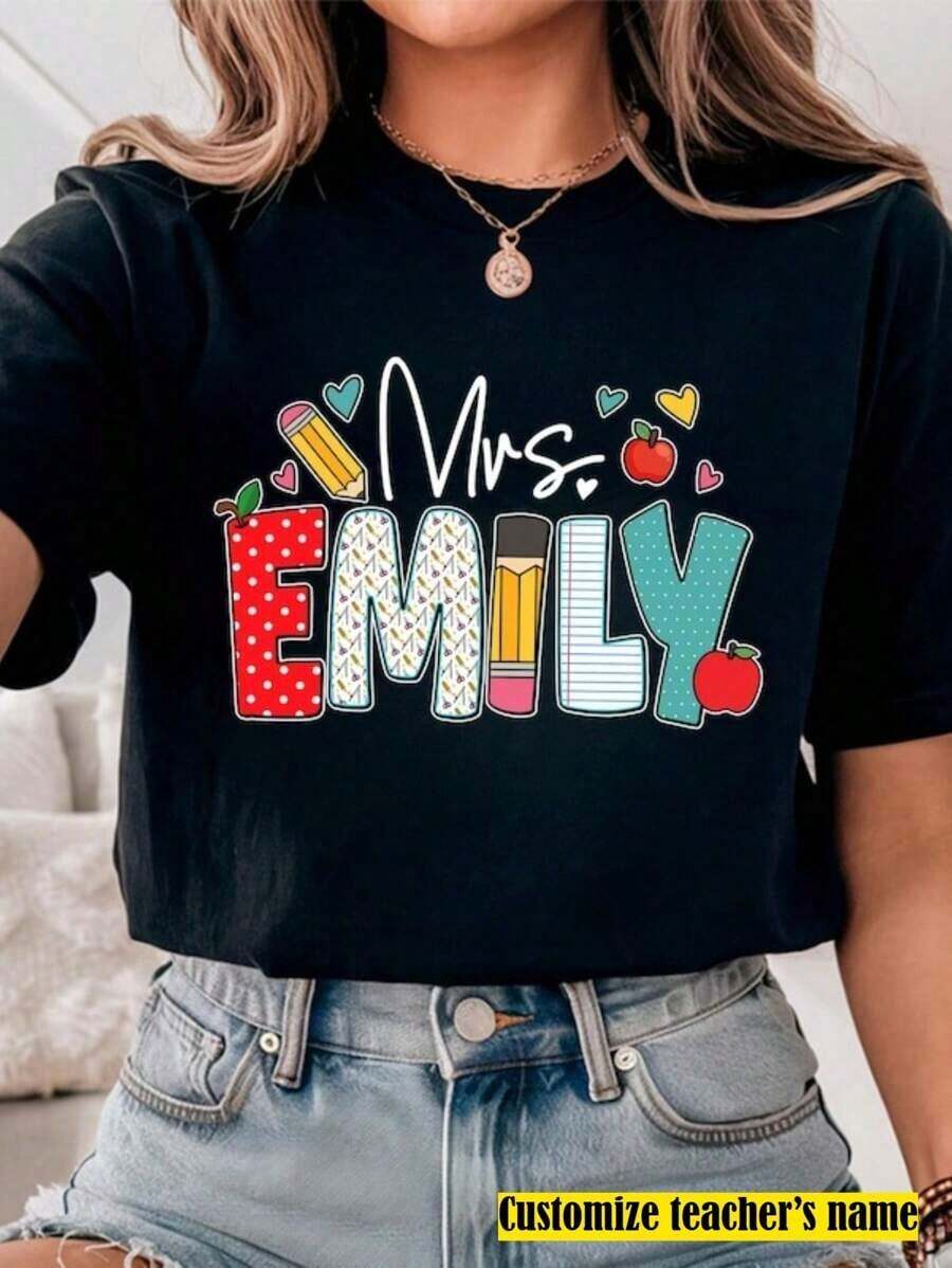 1pc Custom Teacher Shirt, Teacher Name Shirt, Teacher Gifts Personalized, Teacher Appreciation Gifts, Back To School Shirt, Gift Teacher - 黑色 - 查看 1