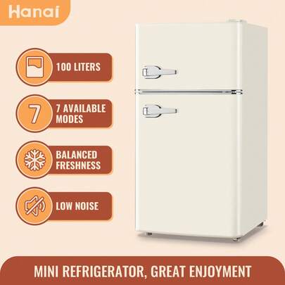 WANAI Retro Mini Fridge And Freezer With Handle, 3.5 Cu.Ft Small Refrigerators For Bedrooms, Dormitories, Offices And Apartments