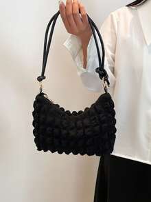 1pc Fashionable Solid Color Pleated Bubble Shoulder Bag, Casual & Versatile Women Shoulder Bags - Black - View 1
