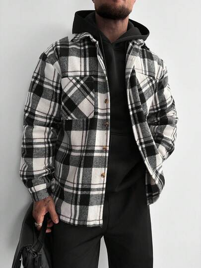 Flannel Shirt Jacket Men, Classic Black White Buffalo Plaid Long Sleeve Button-Up Front Pocket, Relaxed Fit Casual Oversized Shacket For Outdoor Workwear, Autumn Winter Layering, Date Night, Daily Wear, Shopping Vacation - Christmas Gift For Husband Boyfriend New Year