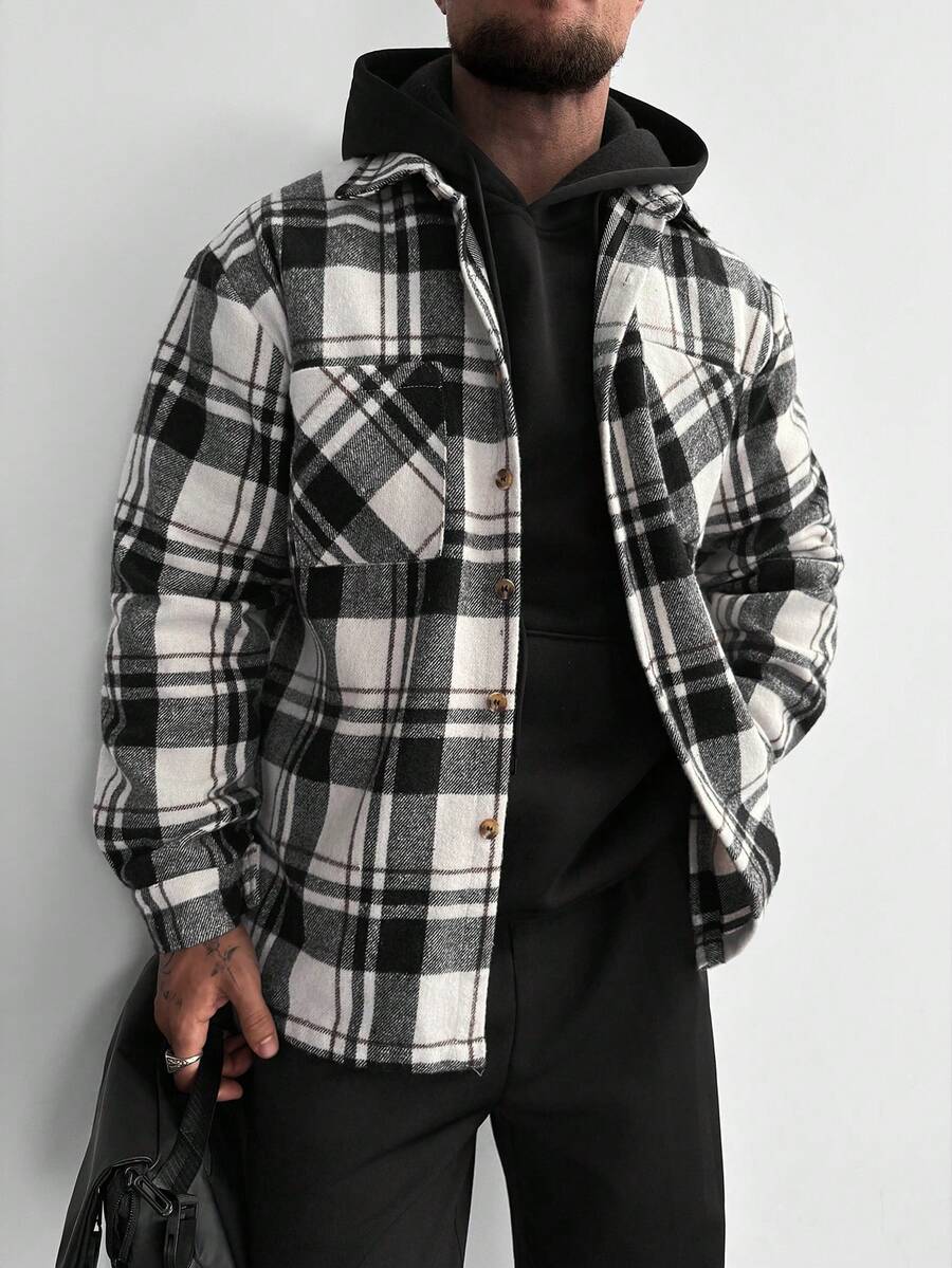 Flannel Shirt Jacket Men, Classic Black White Buffalo Plaid Long Sleeve Button-Up Front Pocket, Relaxed Fit Casual Oversized Shacket For Outdoor Workwear, Autumn Winter Layering, Date Night, Daily Wear, Shopping Vacation - Christmas Gift For Husband Boyfriend New Year