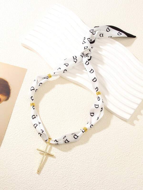 1pc Letter Print Scarf & Cross Pendant Necklace With Rhinestones