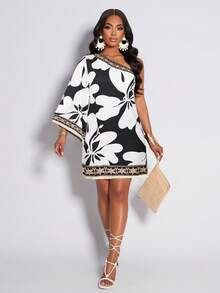 Amarilo Women's One-Shoulder Printed Dress, Tropical Rainforest Print Plus Tassel Skirt, Casual And Ladylike Style, Suitable For Daily Commuting And Vacation, New Spring And Summer Printed Dress