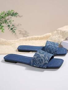 Sandalias planas de mujer con punta cuadrada y diseño estampado, estilo casual de vacaciones para uso en exteriores - Azul - Ver 7
