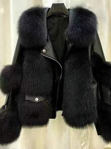 Winter New Fashionable Fox Fur Short Jacket, Youthful Coat Temperament Motorcycle Style Leather Jacket - Black - View 1
