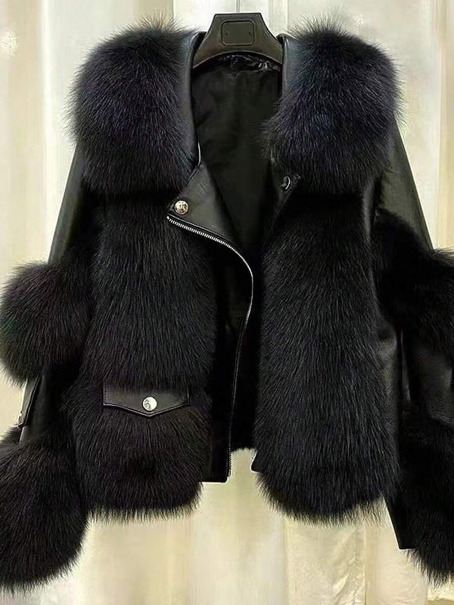 Winter New Fashionable Fox Fur Short Jacket, Youthful Coat Temperament Motorcycle Style Leather Jacket - Black - View 1