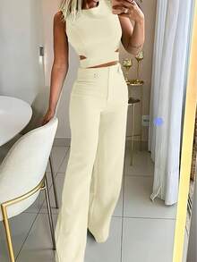 Setelan Dua Potong Wanita Musim Panas Tipis Modis Kasual Slim Fit Elegan Warna Polos dengan Kancing Dekoratif, Bahan Tenun Sederhana Tidak Melar Slim Fit dengan Resleting Ringan untuk Musim Semi/Panas - Aprikot - View 3
