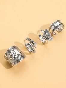 Set de 4 anillos de estilo punk exagerado y estilo hip hop, con diseños vintage tallados en 3D de elefante, pluma y flecha, para mujeres