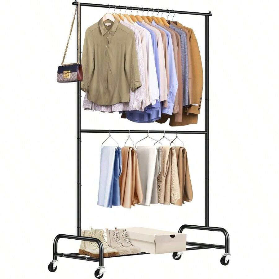 Heavy Duty Clothing Racks Hanging Clothes Rack, 43 Wide Rolling Garment Rack Metal Clothing Hanger Rack With Wheels Wardrobe Rack Coats, Shirts, Dress, Black - Black + Double Rod - View 1