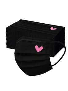 10/20/30pcs Set Cute Pink Heart Print Face Masks - Elastic Breathable Black Masks, Suitable For Women & Teens, Washable, Fashionable Daily Accessory, Interesting Design, Comfortable To Wear - Multicolor - View 4