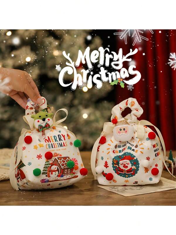 The Christmas Gift Bag With A Drawstring Seal Can Be Reused. It Is A Small Holiday Party Gift Bag With Santa Claus, Snowman, Gingerbread House And The Words "Merry Christmas". It Is Made Of Durable Polyester Blend Material And Is A Small Candy And Snack Packaging Bag For Party Supplie(Random Mixed Distributions