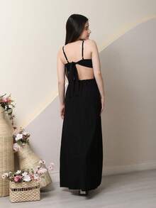Long Dress For Children And Youth, Outing Or Party Tailoring, Sensorial Marrant, Side Slit, Double Upper Fabric, Strap Adjusters, 10 12 14 16, Tie And Elastic At The Back, Adjustable, Spring/Summer - 黑色 - 查看 3