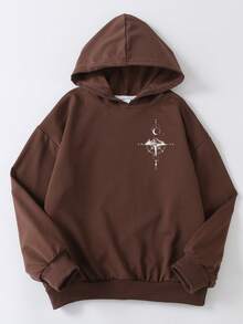 Teens Boys' Casual Sweatshirt With Letter & Compass Pattern, Suitable For Spring & Autumn, Suitable For Students' Daily Wear, Parties, School, Music Festivals, Vacations, Commuting - Brown - View 2