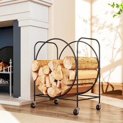  Outsunny Estante de Leña de Metal con Ruedas, 51x30x60 cm, Leñero Exterior e Interior, Soporte para Leña de Chimenea, Almacenamiento para Madera, Negro