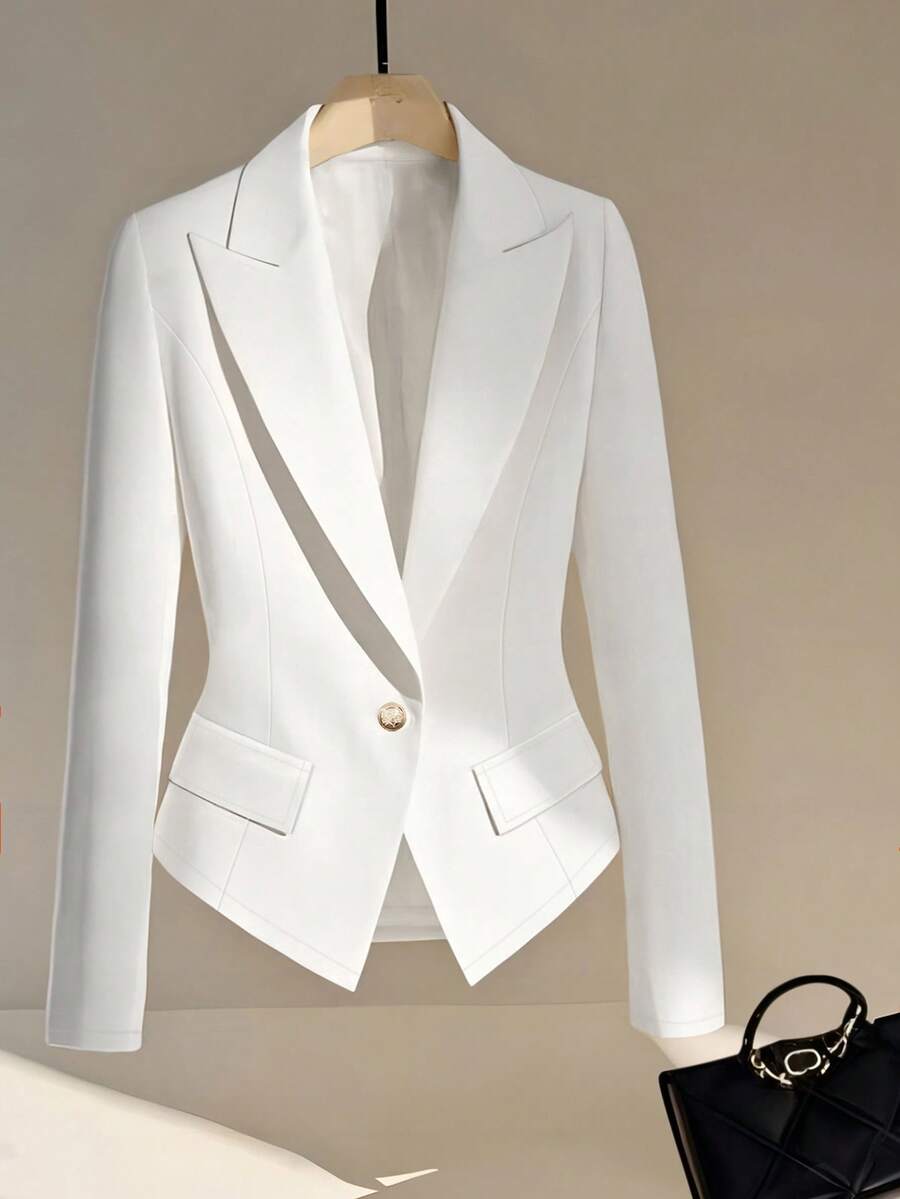 Women's Lightweight Solid Color Single-Breasted Waist Fitted Long Sleeve Blazer, Suitable For Commuting, Spring/Autumn White - White - View 1