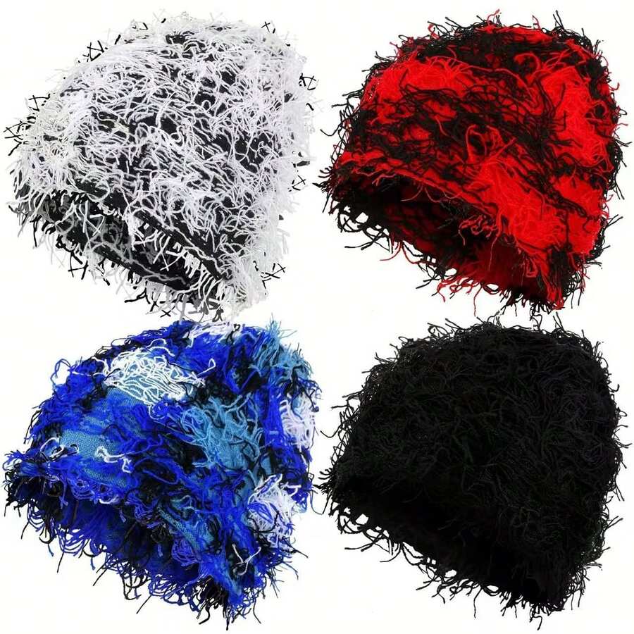 4pcs Distressed Knitted Beanie Fuzzy Winter Hats Thick Warm Beanies Snow Hats Skull For Men Outdoor Ski Knit Cap Winter Warm