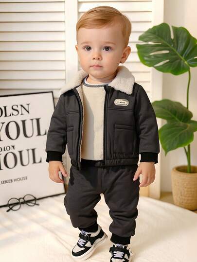 Conjunto de 2 peças de jaqueta e calça esportiva simples para bebês meninos, de lã grossa, imitação jeans, casual, gola polo, manga comprida, adequado para uso diário no outono/inverno