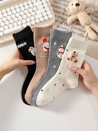 4 双新年女式圣诞雪人中筒袜，可爱卡通植绒保暖中筒袜，秋冬袜