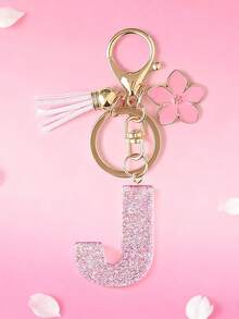 1pc DIY Pink 26 English Alphabet Keychain, Resin Glitter Flower Tassel Key Chain For Women Christmas Gift