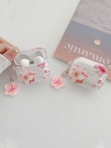 Lily Flower Earphone Case Cherry Blossom & Peach Flower Earphone Case Transparent Earphone Case With 1 Pink Flower Lanyard, Compatible With AirPods Pro (2nd Generation), 3, Pro, 1/2, 4