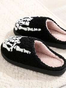 1 Pair Black Halloween Plush Slippers, Punk Skeleton Finger Rock Hand Gesture Embroidered Fluffy Slip-On Slippers For Men And Women, Cozy Indoor Bedroom Floor Non-Slip Warm Thick Sole Fur Slippers, Perfect Gift For Fall & Spooky Season