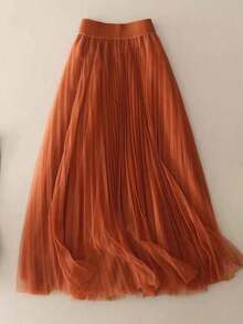 LuminousWealth Women's Elegant Pleated Mesh A-Line Skirt, Suitable For Casual Or Office Wear, Minimalist & Graceful | Polyester Mesh Skirt, Suitable For All Seasons, Great For New Year, Parties - Turmeric - View 8