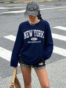 Women's Autumn And Winter NEW YORK Slogan Graphic Round Neck Long Sleeved T Shirt ,Casual Loose And Versatile Holiday Style Tops,Fashionable Fall Women Clothes Suitable For Daily Wear