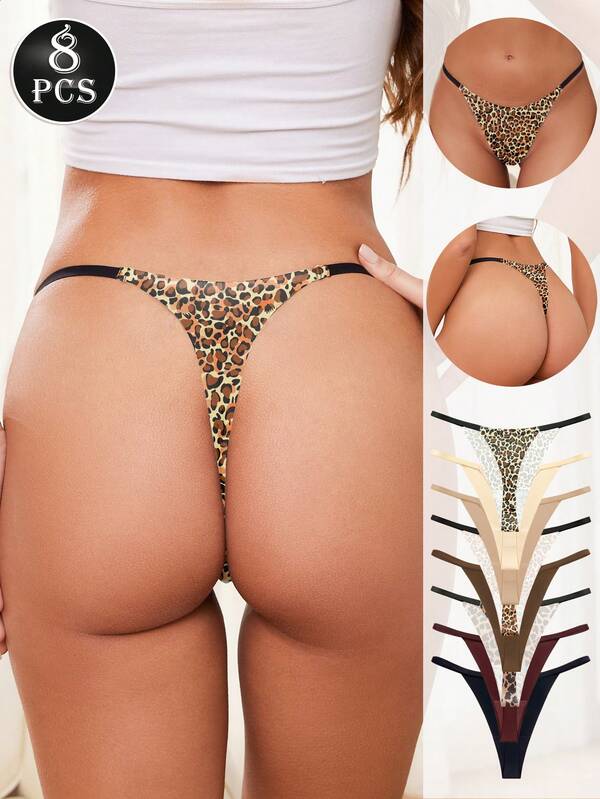 8 Stück Sexy Tanga mit Leopardenmuster, niedriger Taillenbund, weicher G-String, unsichtbar, V-String, bequeme Höschen, Damen Alltagsunterwäsche & Dessous