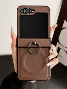 Genuine Leather Phone Case With Magnetic Ring Holder For Samsung Galaxy Z Flip 7 6 5 4 3, Shockproof Solid Color Back Cover - Brown - View 3