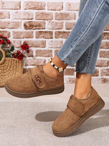 1 par de botas de nieve de moda para mujer, botas de tobillo resistentes al frío y antideslizantes para exteriores, botas planas de invierno con patrón de letras y cierre de gancho y bucle - Caqui - Ver 2