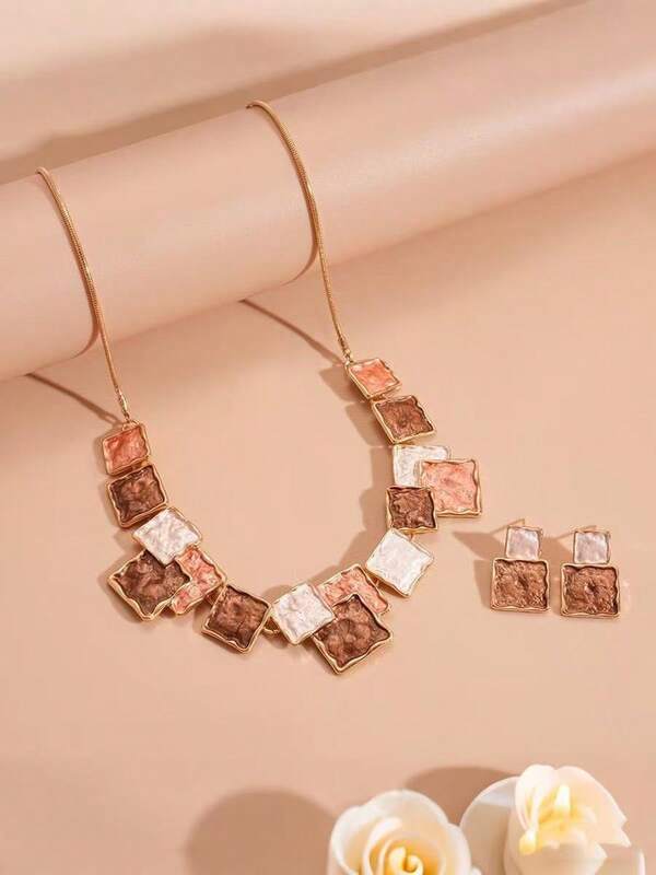 1 Set Of 2pcs Colorful Enamel Geometric Square Earrings & Necklace Vintage Jewelry Set, Suitable For Women's Anniversary, Retro Party Wear