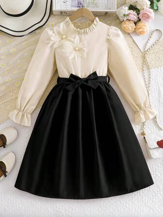 Girls' Elegant 3D Floral Beaded Design Ruffle Collar Long Sleeve Dress, Contrast Ruffle Hem And Decorative Waistband, Suitable For Spring And Autumn