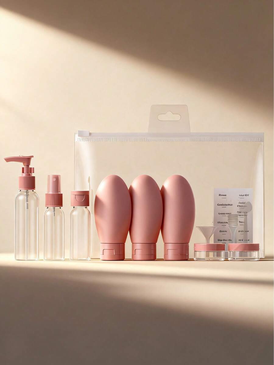 11件套粉色旅行化妆瓶套装，包括塑料乳液瓶、爽肤水瓶、喷雾瓶和洗发水瓶