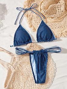 Ladies' Swimsuit Sexy Fashion Blue Two Pieces Swimsuit Lace White Bead Accessories Summer Beach Bikini Set Random Print