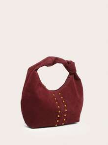 Bolso de mano en forma de media luna de unicolor, versátil y de moda, con asa única anudada, adecuado para llevar debajo del brazo y para viajar. - Burdeos - Ver 3