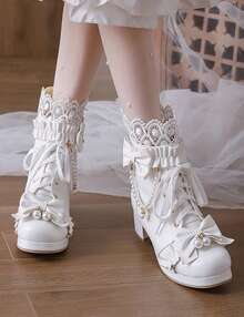 Princess Cute Lolita Boots Chunky Mid Heel Women Ankle Boots Anime Cosplay Party Rear Zipper Sweet Lace-Up Bow Pearl Dress Shoes - trắng - Xem 1